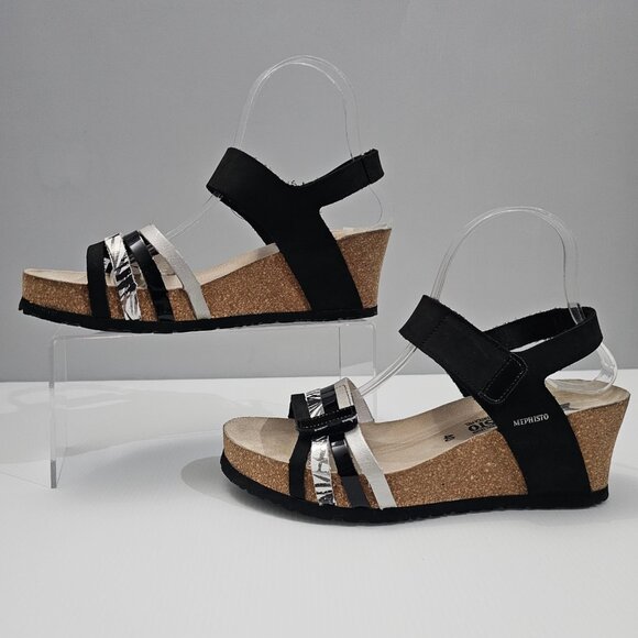 Mephisto Lucia Sandal Platform Wedge Black White Leather Cork EU Size 40 - Picture 2 of 12